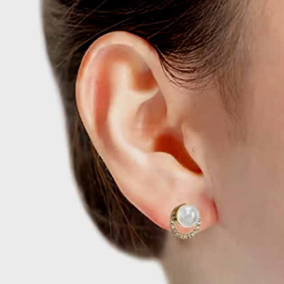 Monet Elegant Gold and Silver With Pearl Accent Stud Earrings - Picture 3 of 7